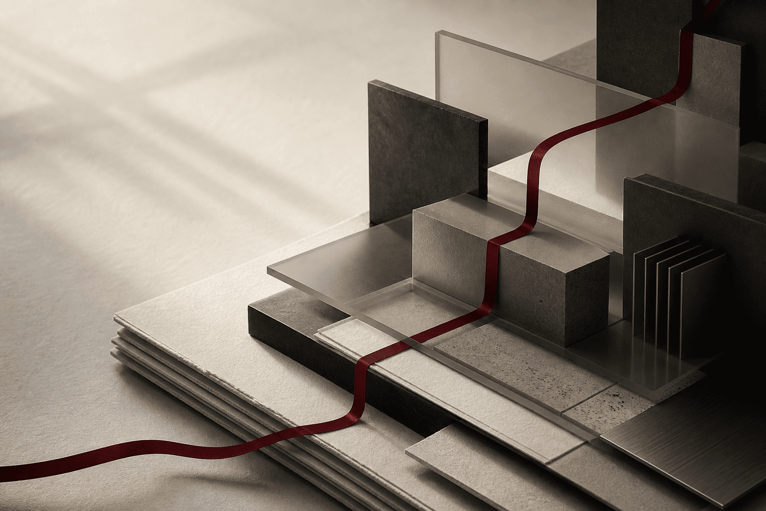 Abstract layered materials connected by a burgundy line